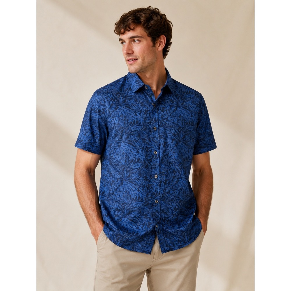 Flag & Anthem Sherman Mens Navy Blue Leaf Print Short Sleeve Shirt L
